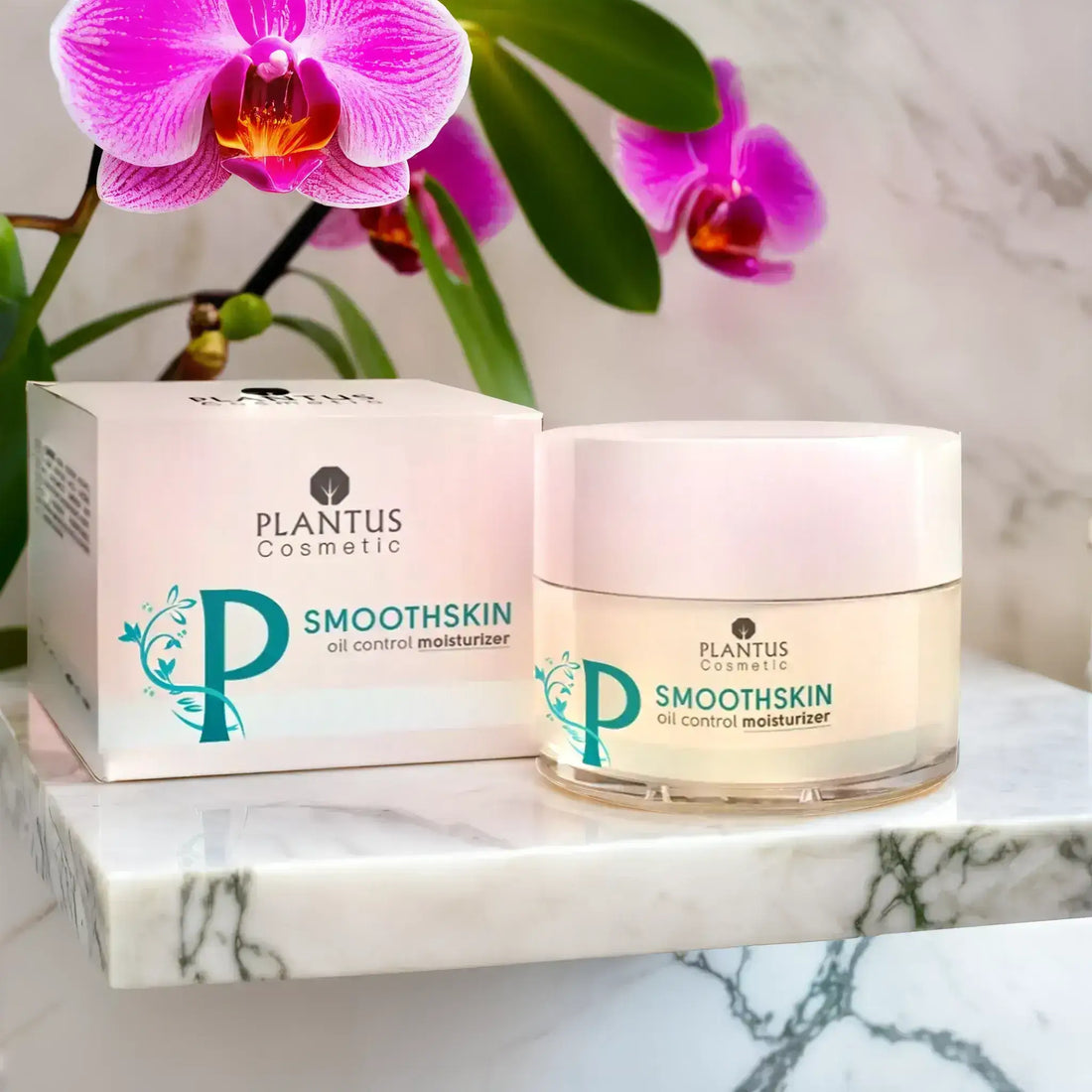 Best skincare tips: Plantus Smoothskin oil control moisturizer on a marble surface with an orchid.