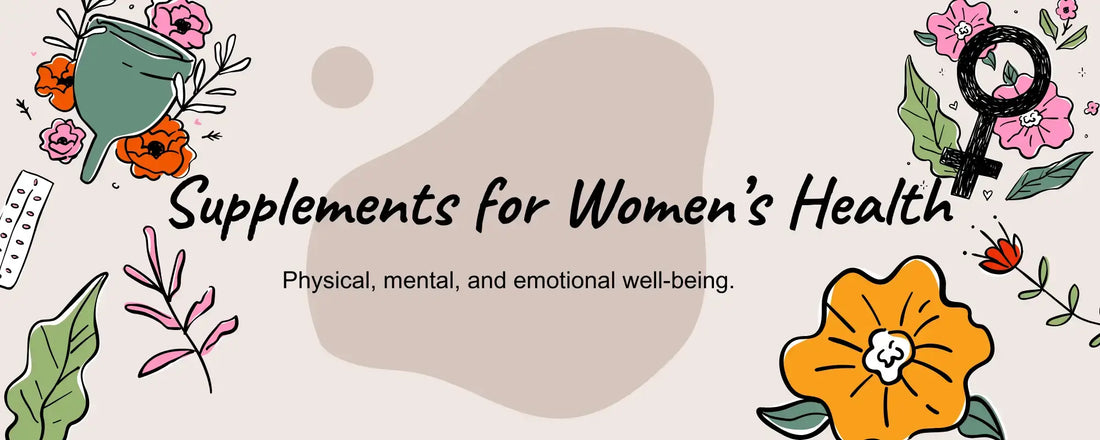 Wellness Supplements for Women's Health article banner featuring colorful floral designs and symbols of well-being.
