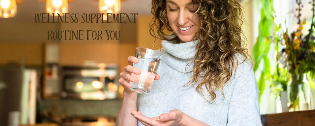 A woman enjoying her wellness supplements routine while holding a glass of water in a cozy kitchen.