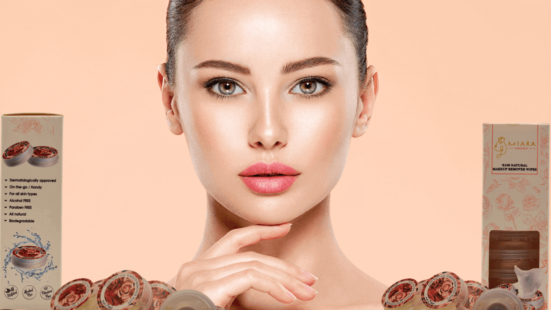 Model showcasing beauty products with the focus on Right Natural Supplements for skincare.