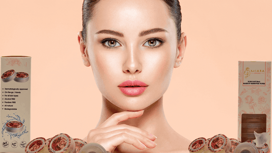 Natural Body Care Products displayed around a woman emphasizing natural beauty and skincare benefits.