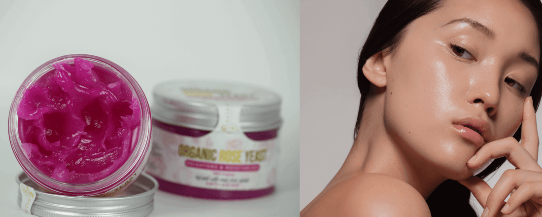 Miara Essence Rose Yeast Cream in a jar with a woman's glowing skin, showcasing the cream's reddish-pink tint.