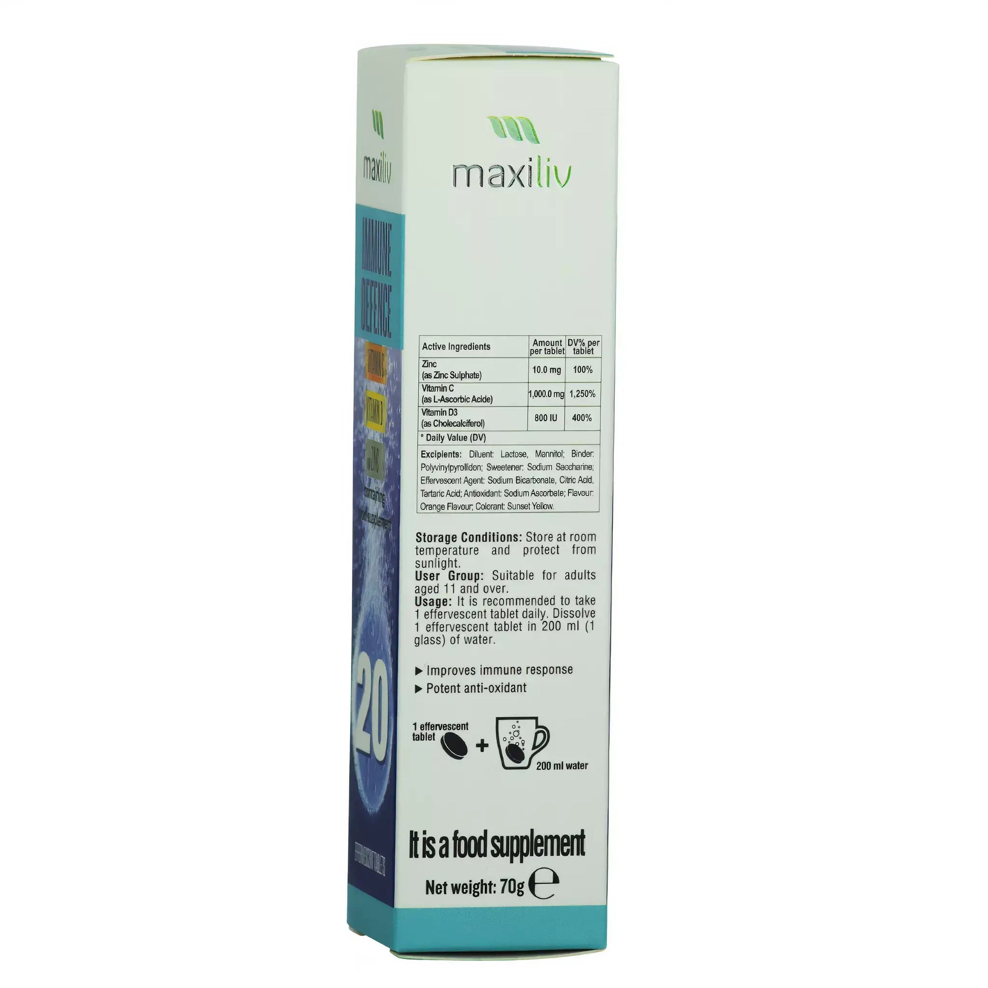 Maxiliv Immune Defence - Effervescent Supplement packaging with nutritional information and instructions.