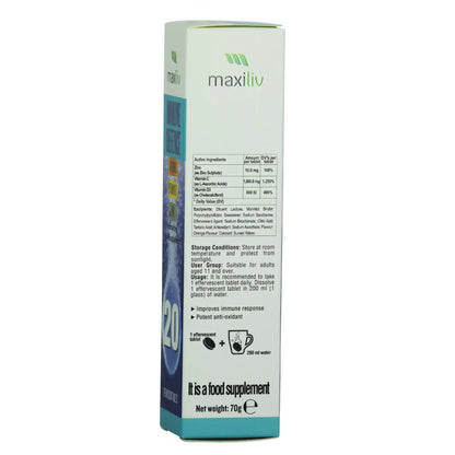 Maxiliv Immune Defence - Effervescent Supplement packaging with nutritional information and instructions.