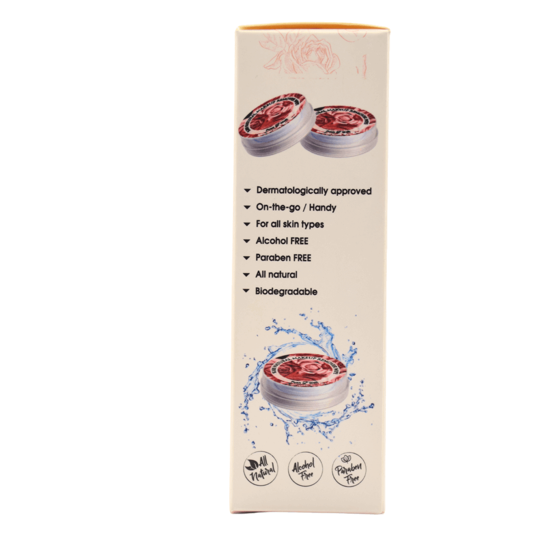Makeup Remover Wipes packaging highlighting natural ingredients and eco-friendly qualities.