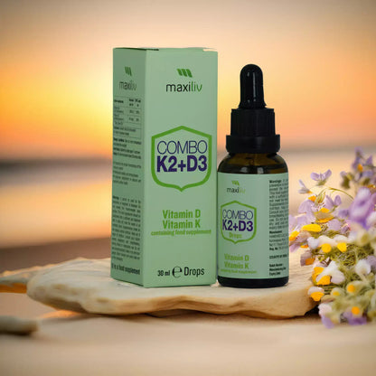 Maxiliv Combo Vitamin K2 D3 Drops bottle and box on a natural background, dietary supplement for kids' health.