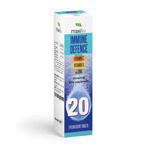 Maxiliv Immune Defence effervescent supplement package featuring Vitamin C, D, and Zinc for immune support.