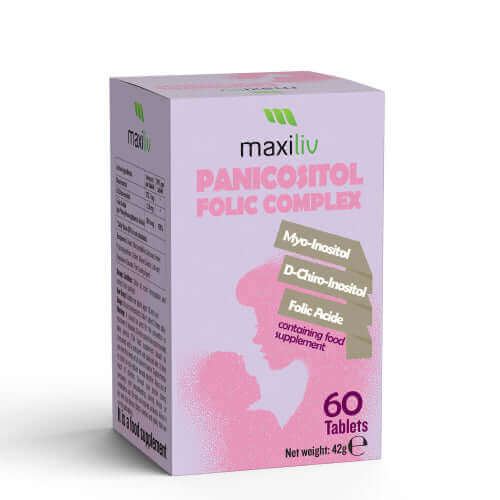 Maxiliv Panicositol Folic Complex supplement box with 60 tablets for hormone support.