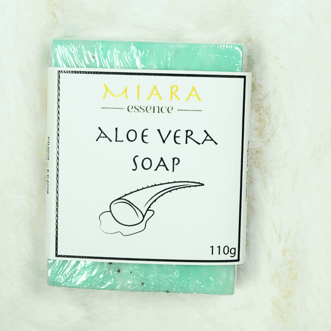 Miara Essence Aloe Vera Natural Soap packaging, perfect for gentle cleansing and sensitive skin care.