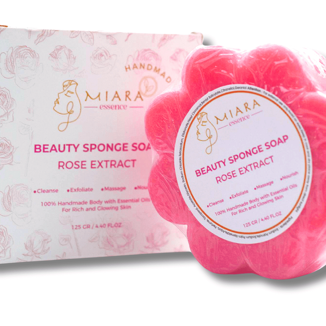 Natural Sponge Soap by Miara Essence, handcrafted with rose extract for a luxurious skin care experience.