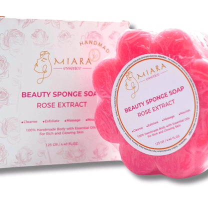 Natural Sponge Soap by Miara Essence, handcrafted with rose extract for a luxurious skin care experience.