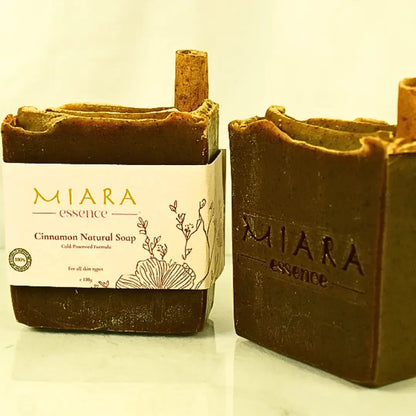 Miara Essence Cinnamon Natural Soap bar featuring a natural design with brewed cinnamon and ground cinnamon bark.