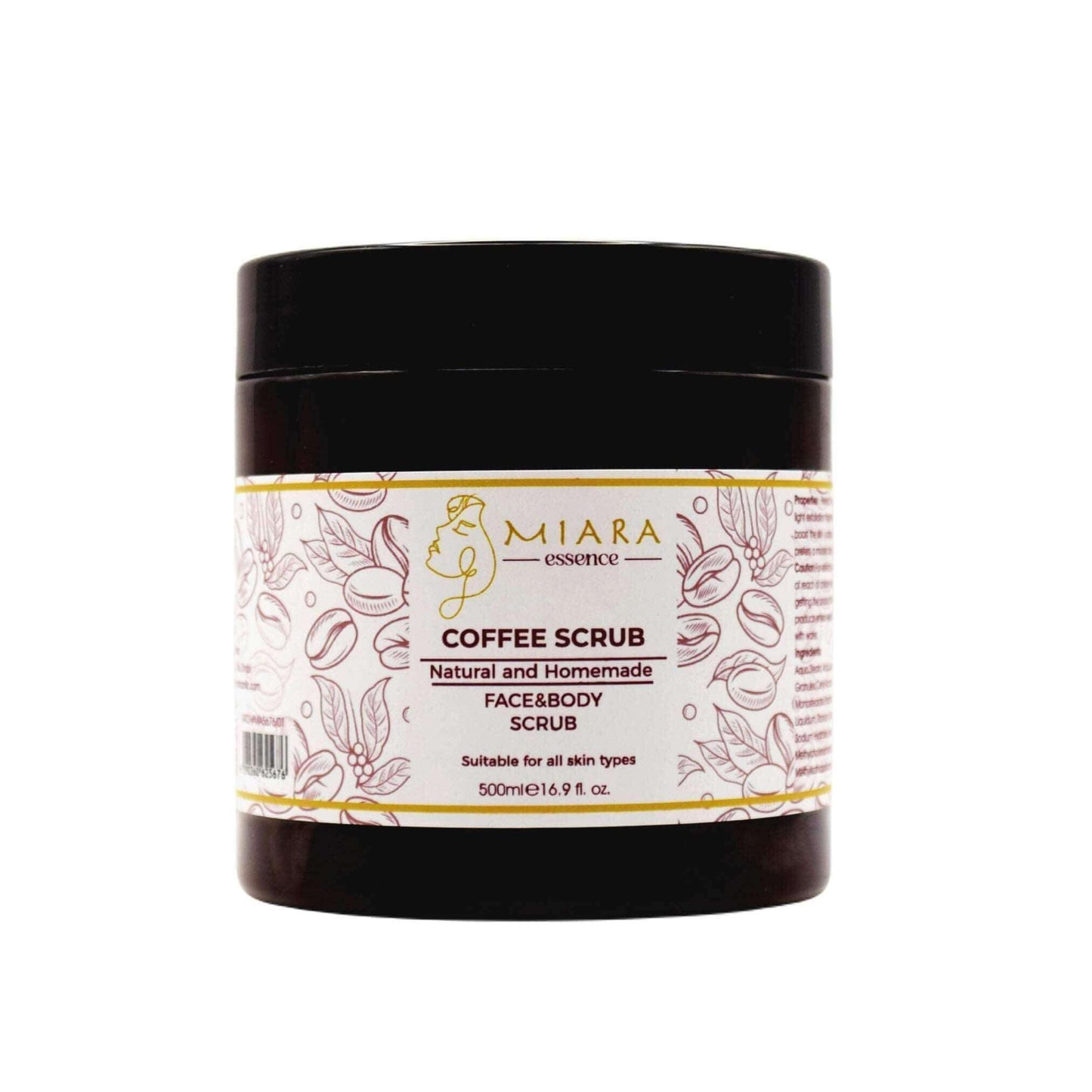 Natural Coffee Scrub by Miara Essence in a jar designed for face and body exfoliation, suitable for all skin types.