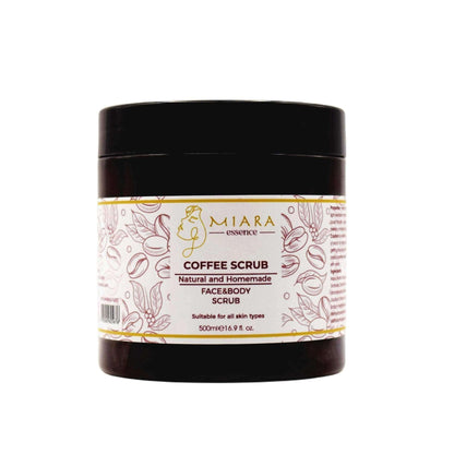 Natural Coffee Scrub by Miara Essence in a jar designed for face and body exfoliation, suitable for all skin types.
