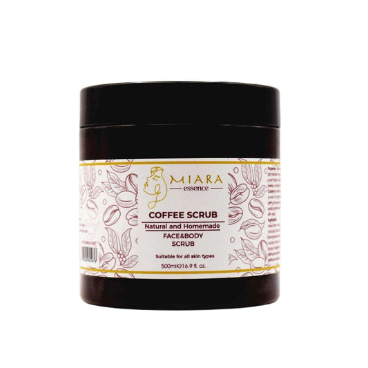 Natural Coffee Scrub by Miara Essence in a jar designed for face and body exfoliation, suitable for all skin types.
