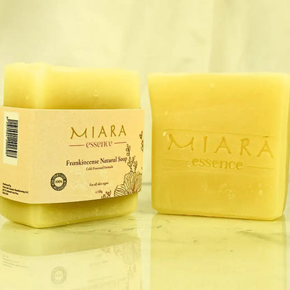 Miara Essence Frankincense Natural Soap bars showcasing natural, cold pressed formula for youthful skin.