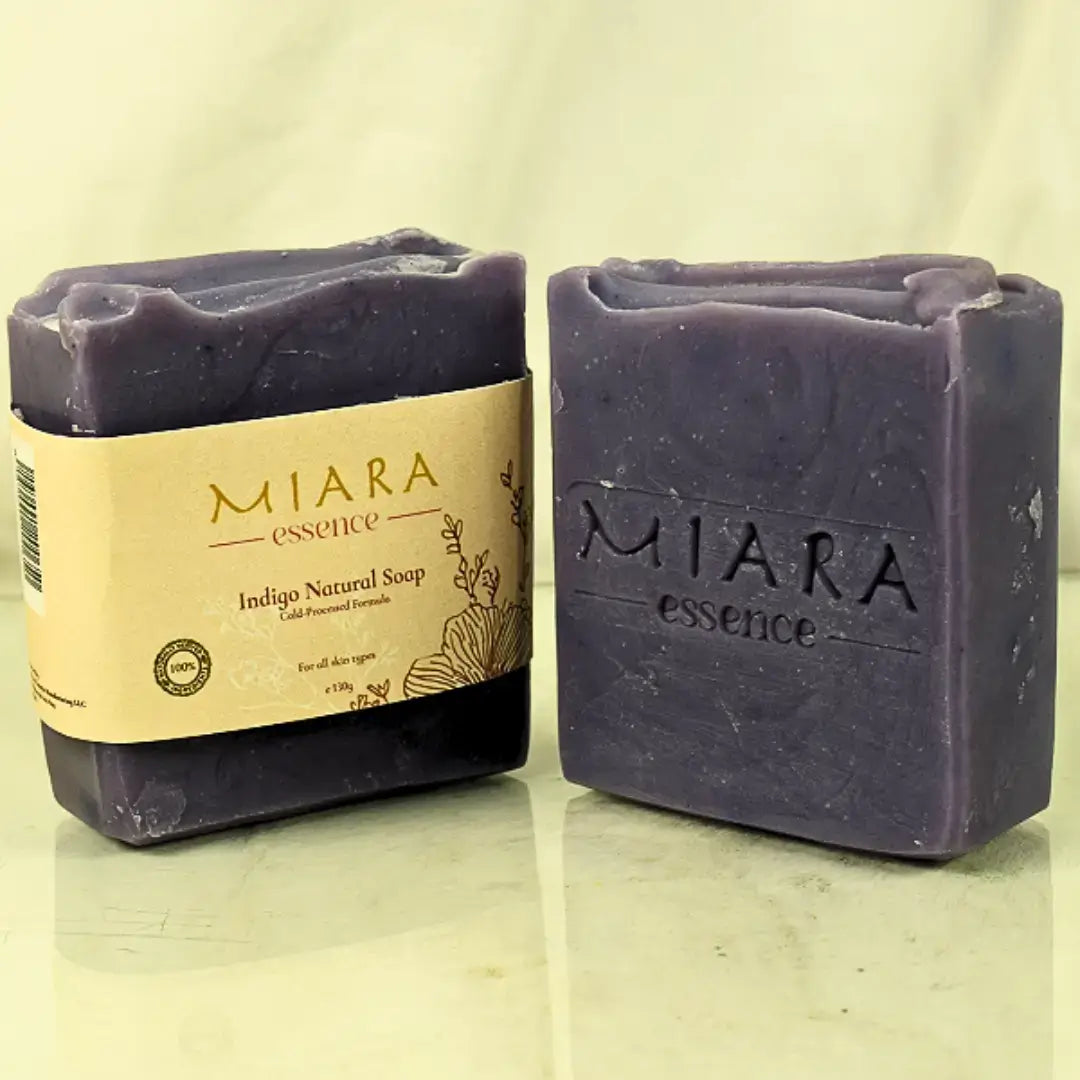 Miara Essence Indigo Natural Soap bars showcasing calming, natural ingredients for radiant skin tone.