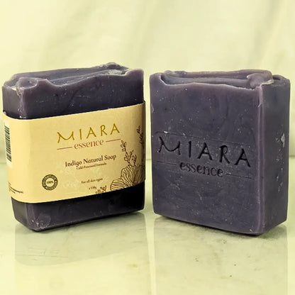 Miara Essence Indigo Natural Soap bars showcasing calming, natural ingredients for radiant skin tone.