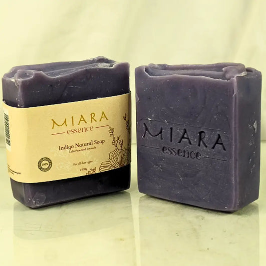 Miara Essence Indigo Natural Soap bars showcasing calming, natural ingredients for radiant skin tone.