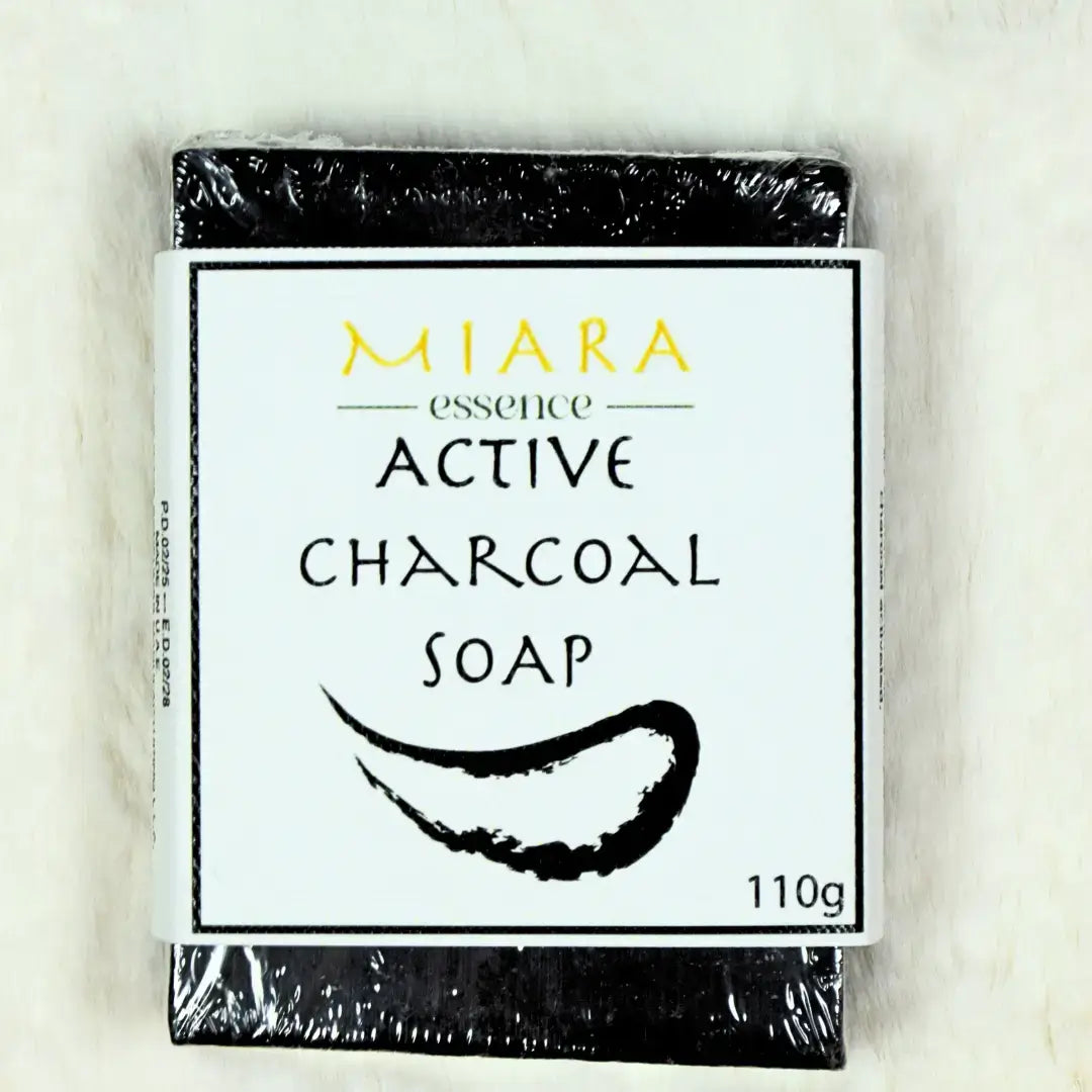 Miara Essence Activated Charcoal Soap bar packaging for detoxifying skin and unclogging pores, 110g.