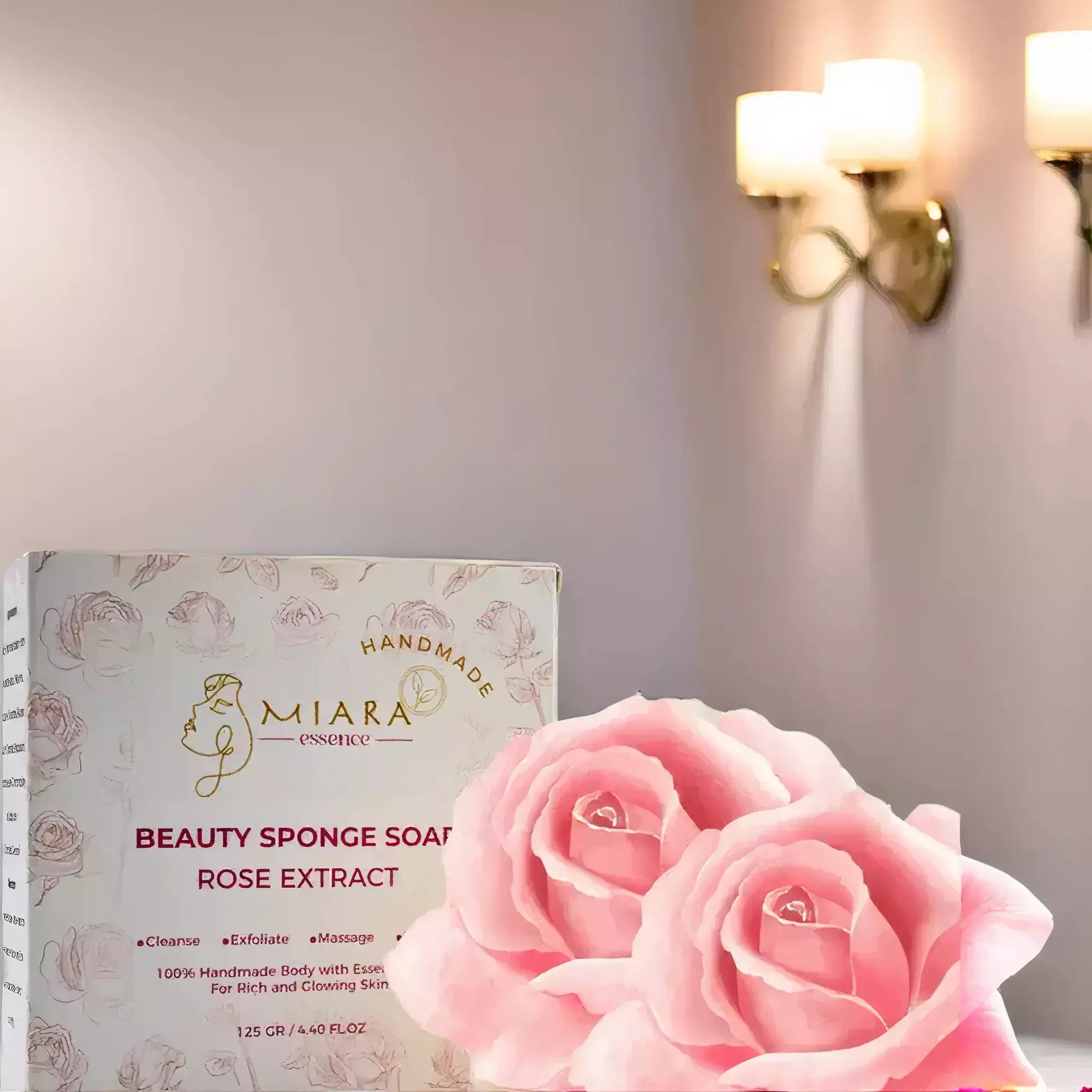 Natural Sponge Soap - Miara Essence Beauty Natural Soap with rose extract, handcrafted gift box for luxurious skin care.