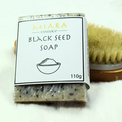 Black Seed Natural Soap by Miara Essence with a creamy texture and earthy aroma, ideal for clear, balanced skin.