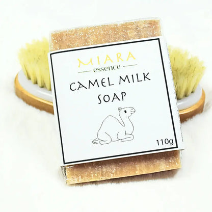 Miara Essence Camel Milk Soap UAE packaging featuring a camel design and 110g weight on a soft background.