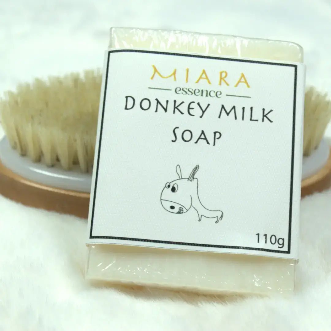 Natural Donkey Milk soap by Miara Essence, 110g bar with a gentle texture for silky skin.