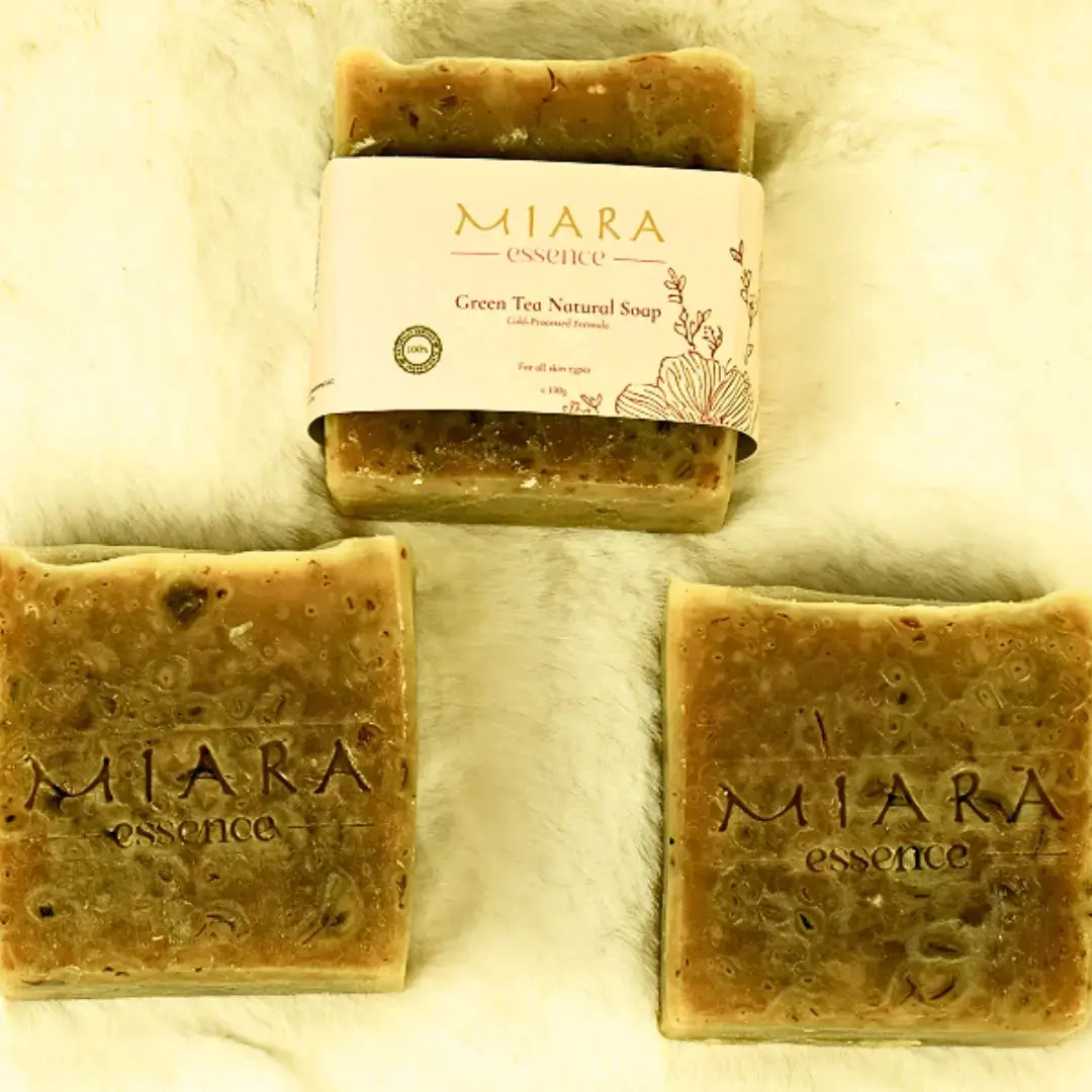 Miara Essence Green Tea Natural Soap bars arranged on a soft surface, highlighting their natural texture and design.