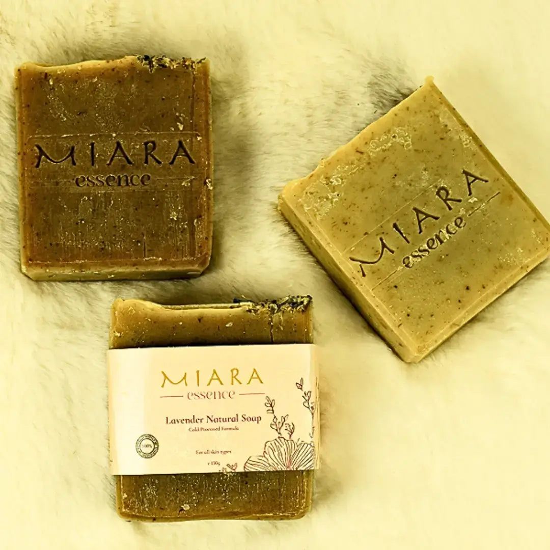 Miara Essence Lavender Natural Soap bars displayed on a soft surface, showcasing natural ingredients and calming appeal.