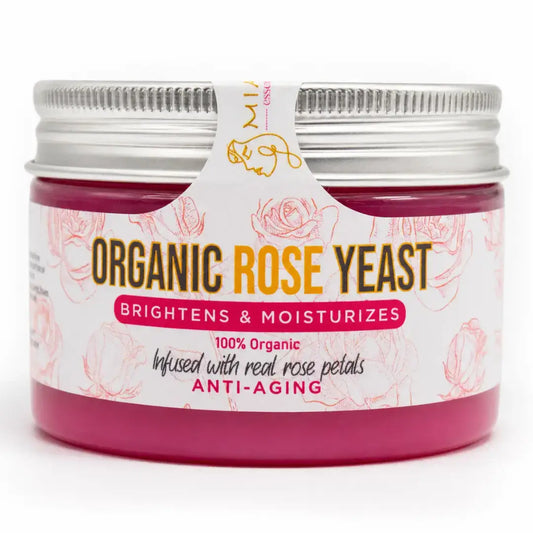 Organic Rose Yeast Face Cream in a jar, brightens and moisturizes with real rose petals, 100% organic.