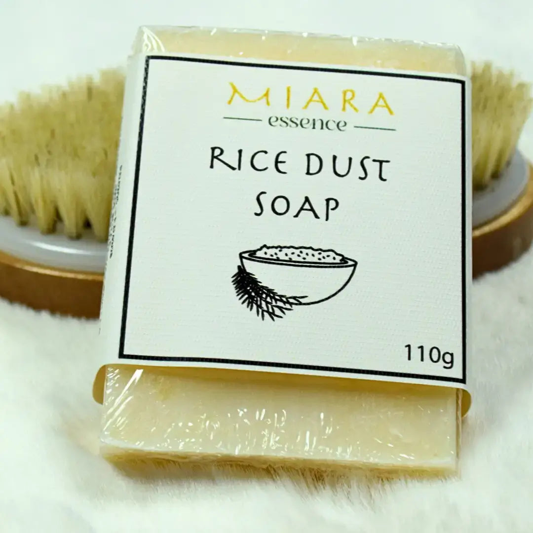 Rice Powder Soap | Miara Essence Natural Rice Dust Soap bar with packaging showing product details and weight.