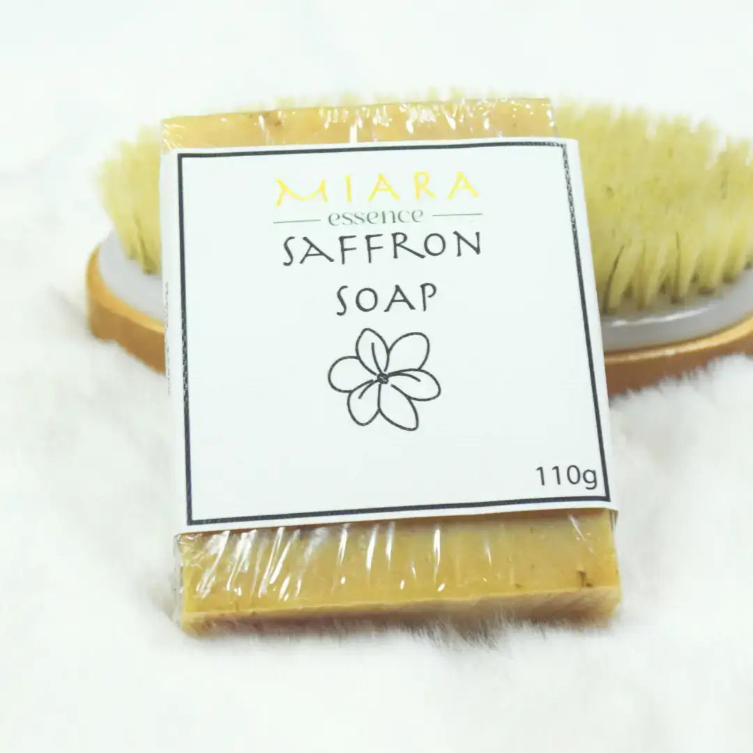 Miara Essence Saffron Soap UAE pack on a soft background showcasing its natural beauty and luxurious features.