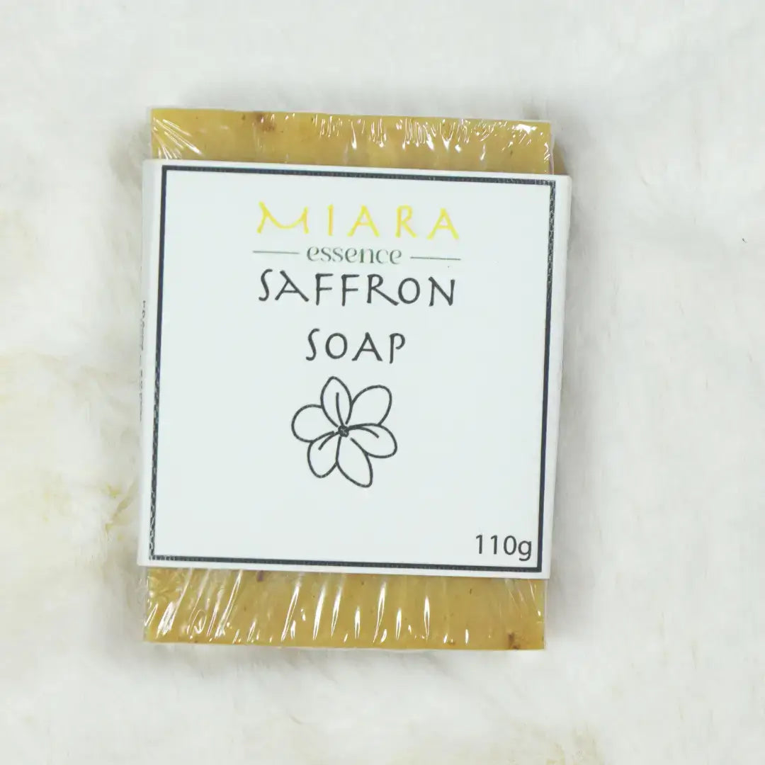 Miara Essence Saffron Soap UAE packaging with flower illustration, 110g bar for skin restoration.