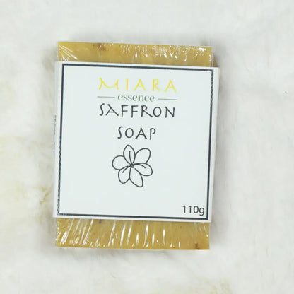 Miara Essence Saffron Soap UAE packaging with flower illustration, 110g bar for skin restoration.