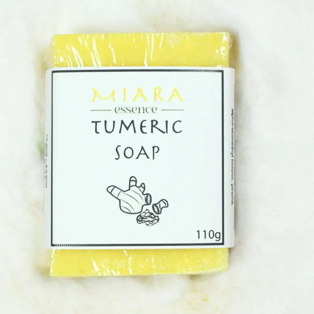 Miara Essence Turmeric Soap wrapped in plastic, presenting gentle cleansing and natural ingredients for radiant skin.