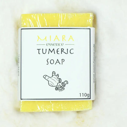 Miara Essence Turmeric Soap wrapped in plastic, presenting gentle cleansing and natural ingredients for radiant skin.
