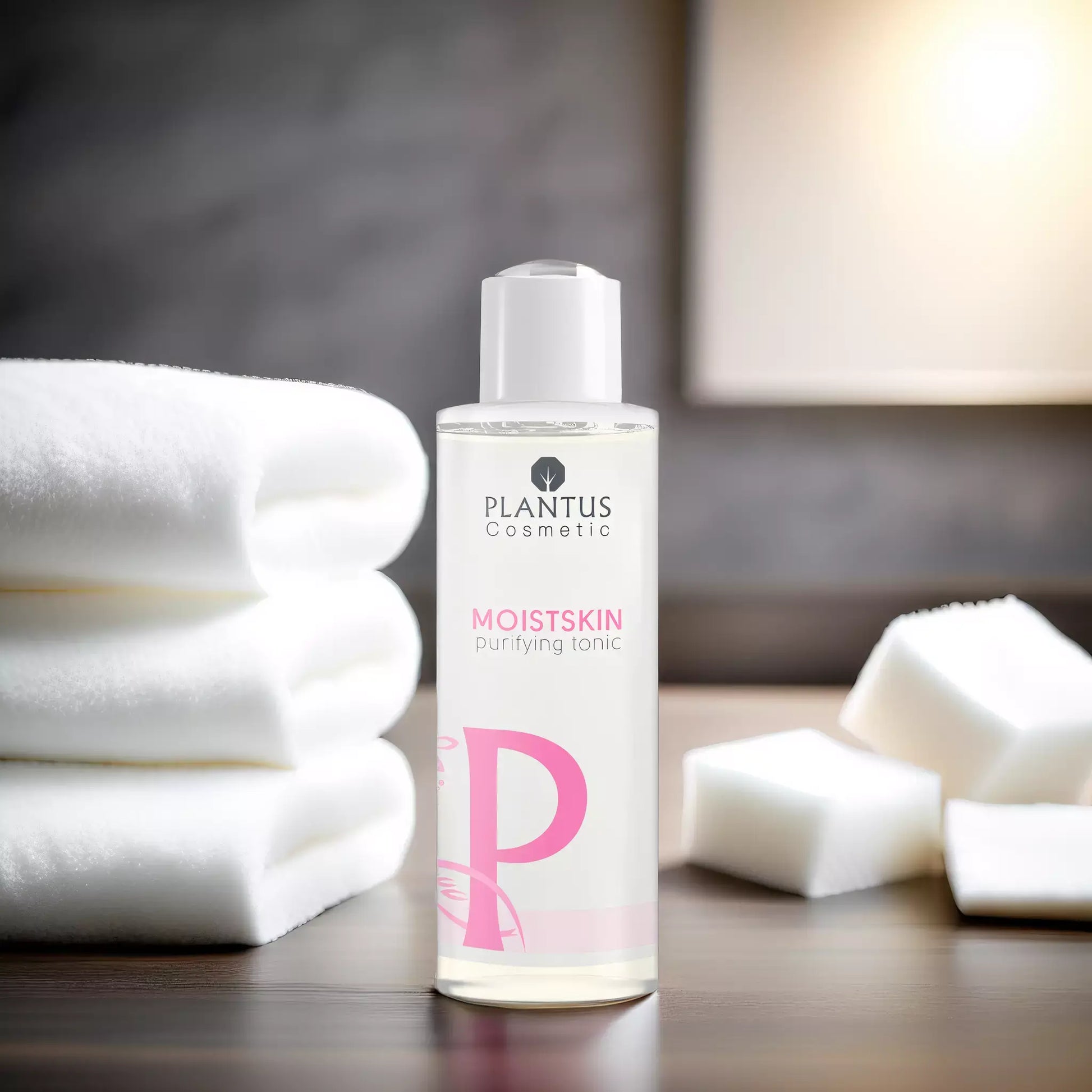 Rose Water Facial Toner - Plantus MoistSkin Purifying Essence with cotton towels and cube sponges.