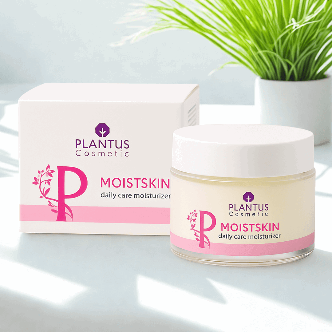 Plantus MoistSkin Daily Care Moisturizer in a jar beside its box, showcasing hydration and skincare benefits.