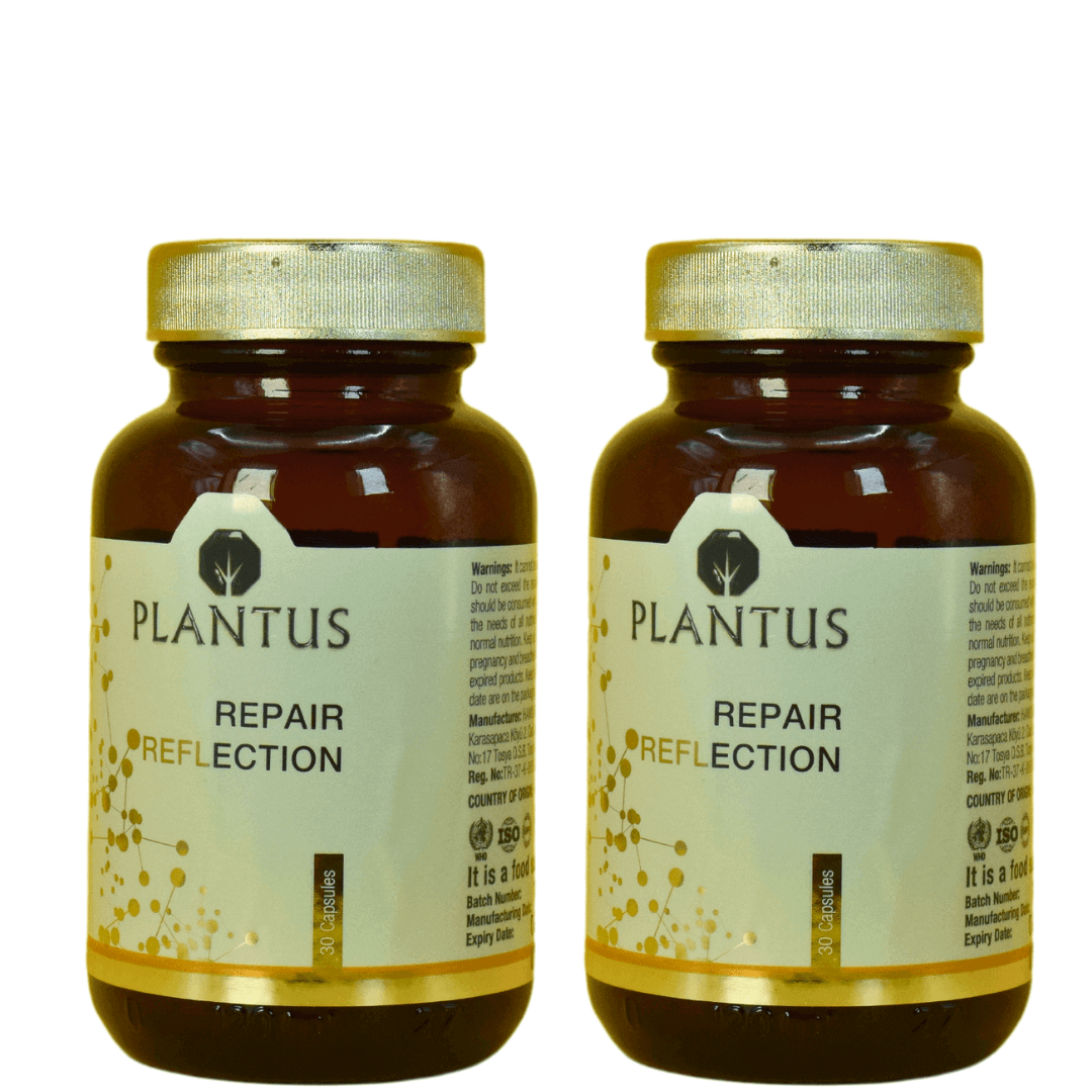 Skincare Capsules by Plantus, featuring Repair Reflection skincare supplement bottles for glowing skin revitalization.