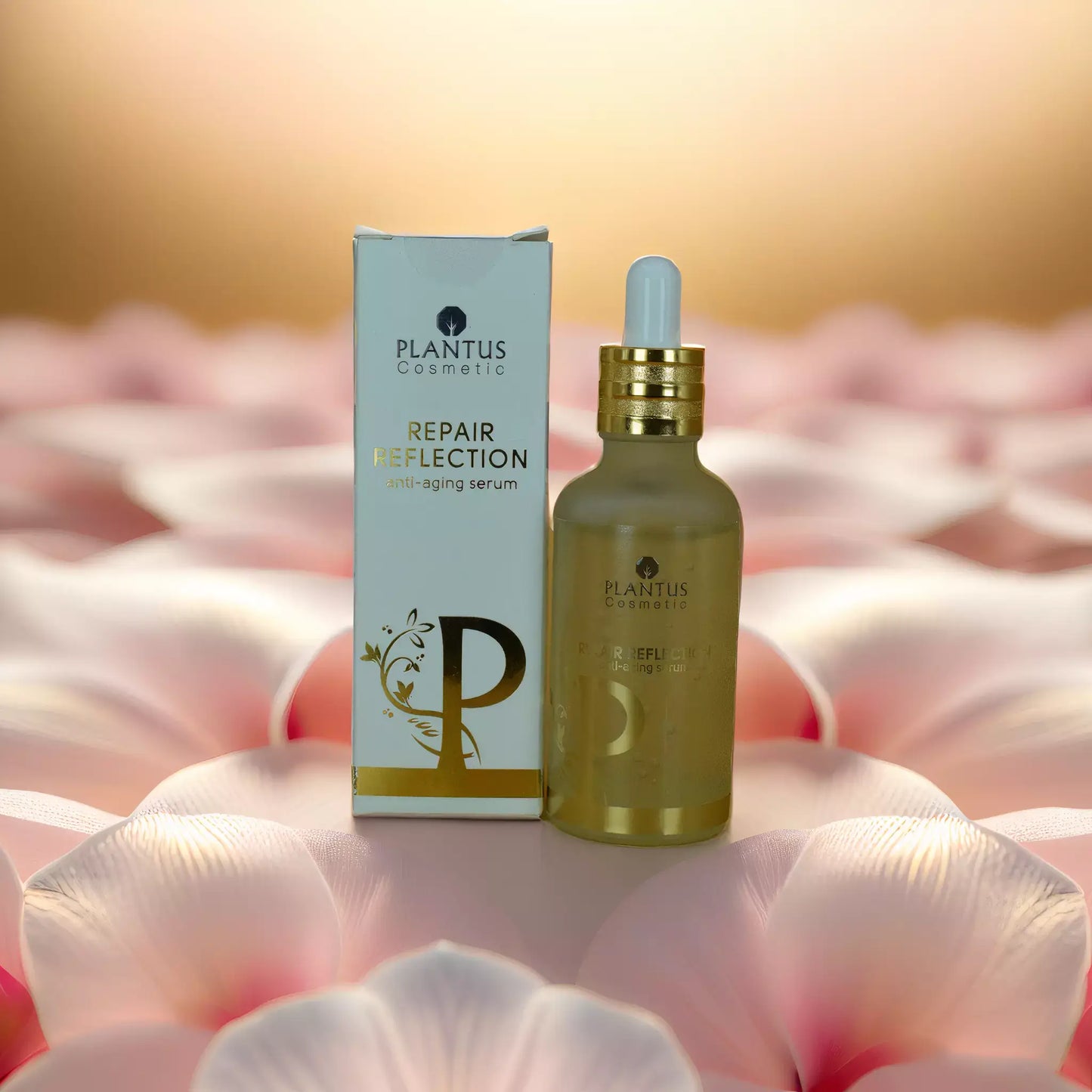 Serum for fine lines - Plantus Repair Reflection Serum bottle with packaging on a floral background.
