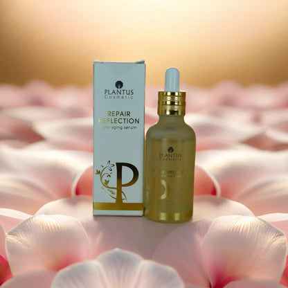 Serum for fine lines - Plantus Repair Reflection Serum bottle with packaging on a floral background.