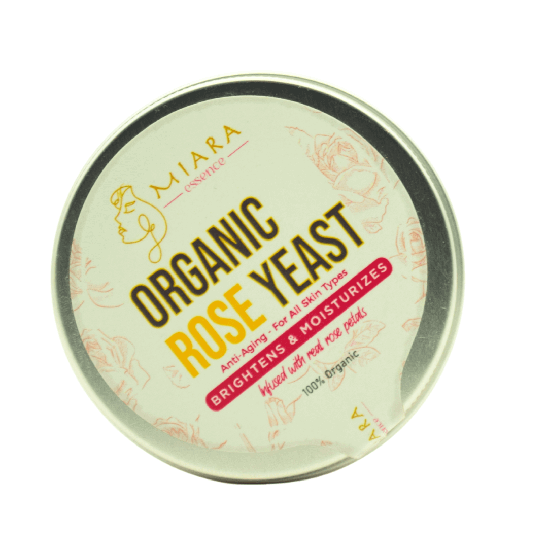 Organic Rose Yeast Face Cream by Miara Essence in a metallic tin for deep hydration and anti-aging benefits.