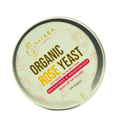 Organic Rose Yeast Face Cream by Miara Essence in a metallic tin for deep hydration and anti-aging benefits.
