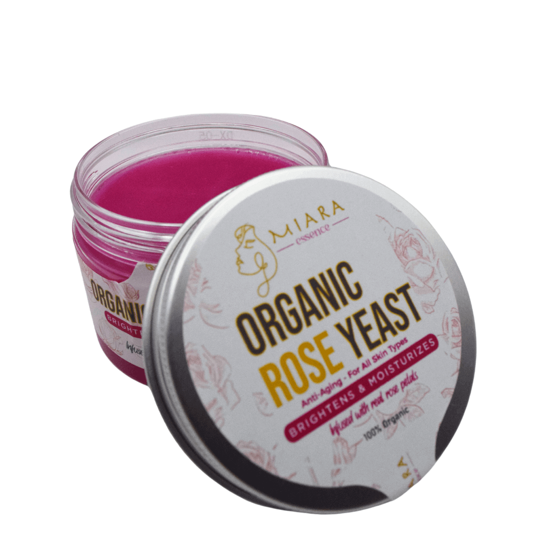 Organic Rose Yeast Face Cream by Miara Essence in a jar, ideal for brightening and moisturizing dry skin.