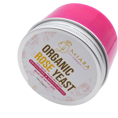 Organic Rose Yeast Face Cream by Miara Essence in a vibrant pink container for deep hydration and skin rejuvenation.