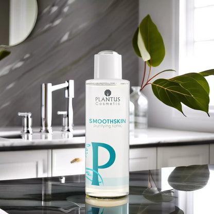 Purifying Facial Toner - Plantus SmoothSkin Essence in a sleek bathroom setting with greenery.