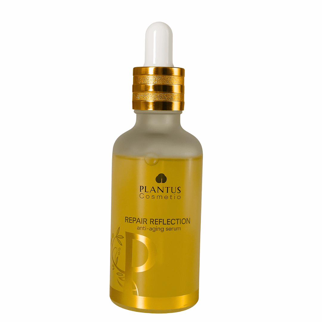 Serum for fine lines - Plantus Repair Reflection Serum in a glass dropper bottle with gold accents.