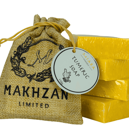 Miara Essence Turmeric Soap with handmade packaging for natural, gentle cleansing and nourishment.