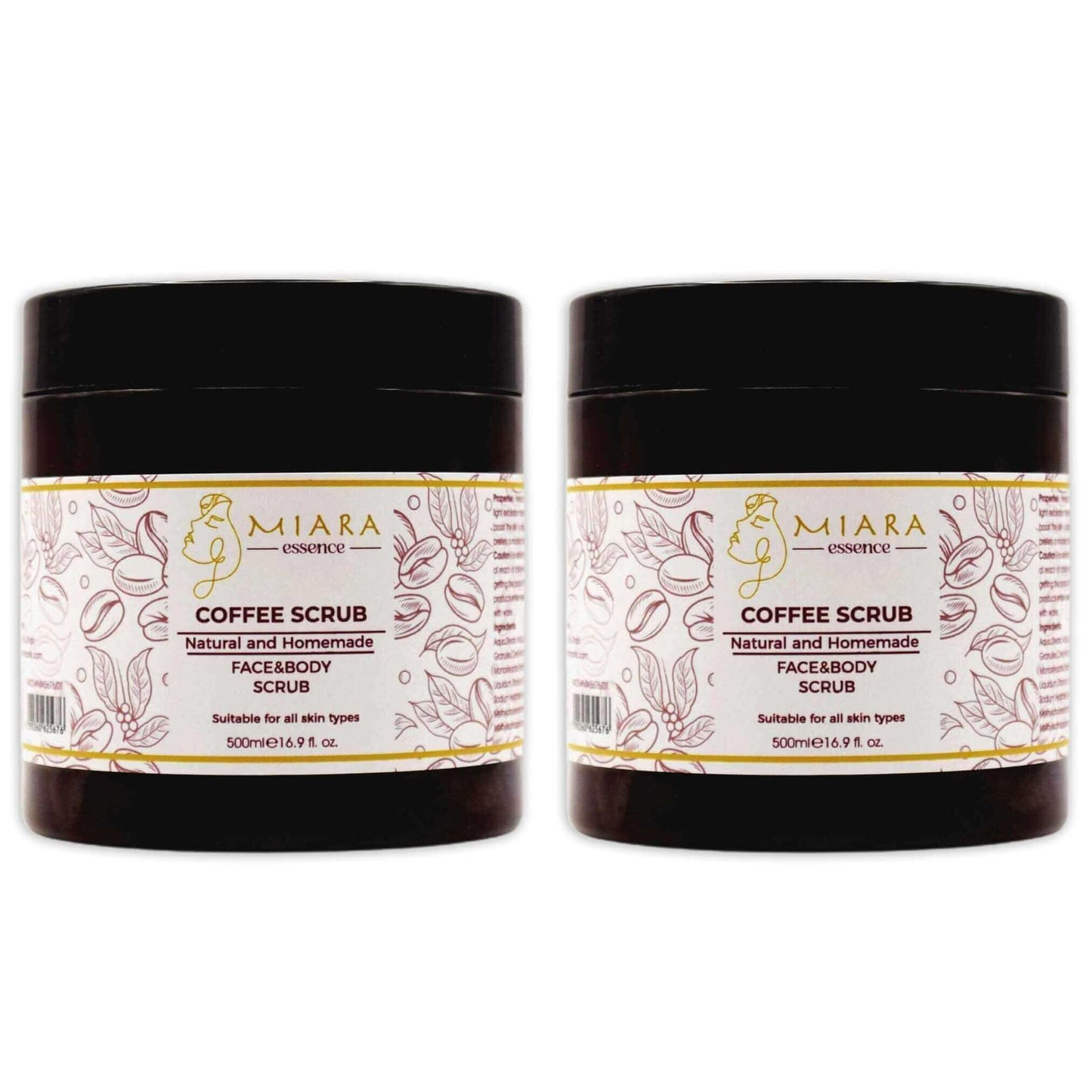Natural Coffee Scrub by Miara Essence in 500ml jars for effective facial and body exfoliation.